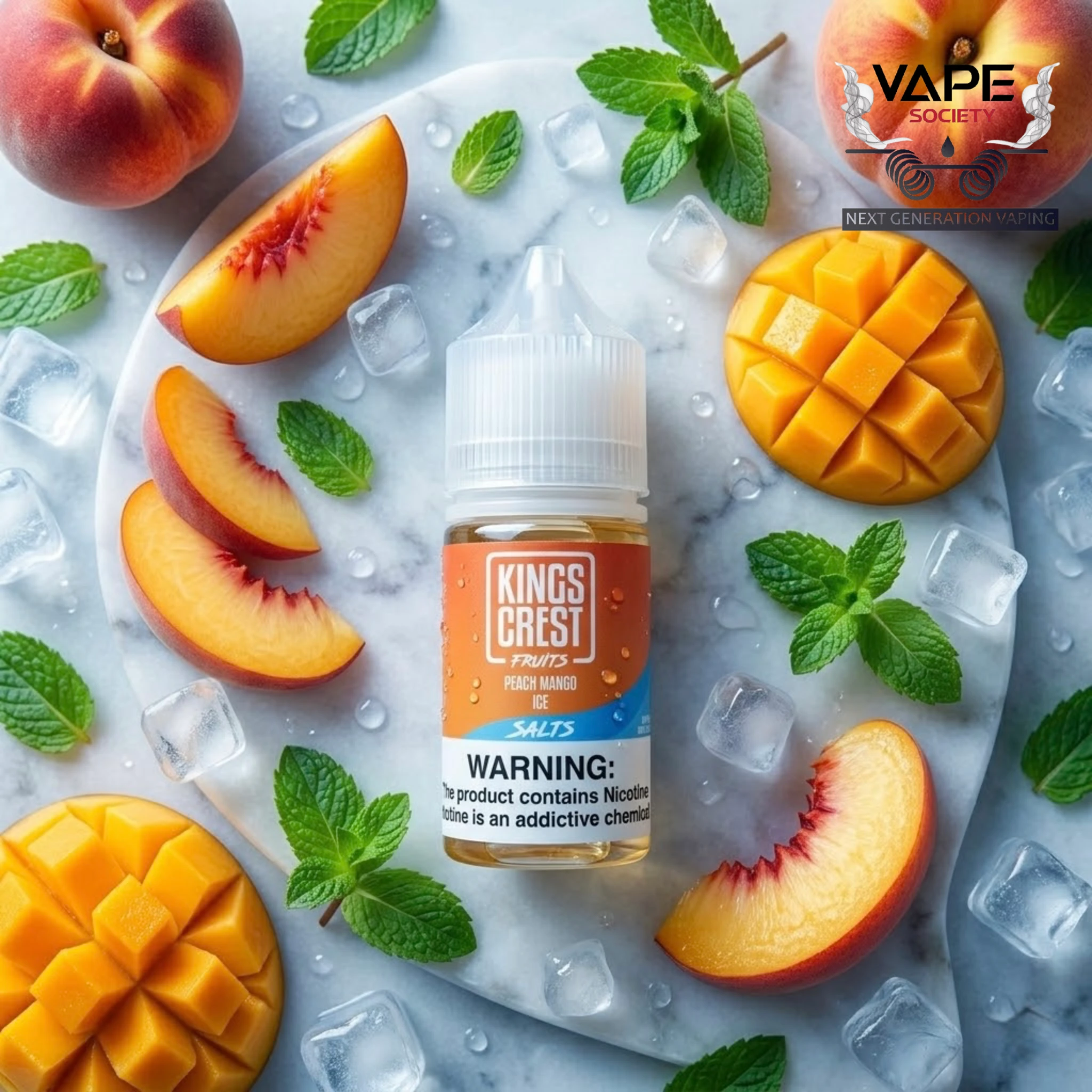 photo-output (62) Kings Crest Peach Mango Ice SaltNic 30ml - Image 1